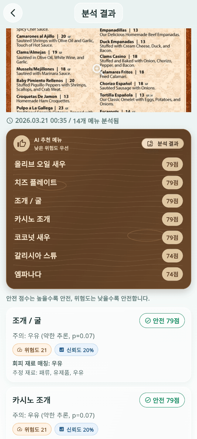 SafePlate 메뉴 분석 결과 화면